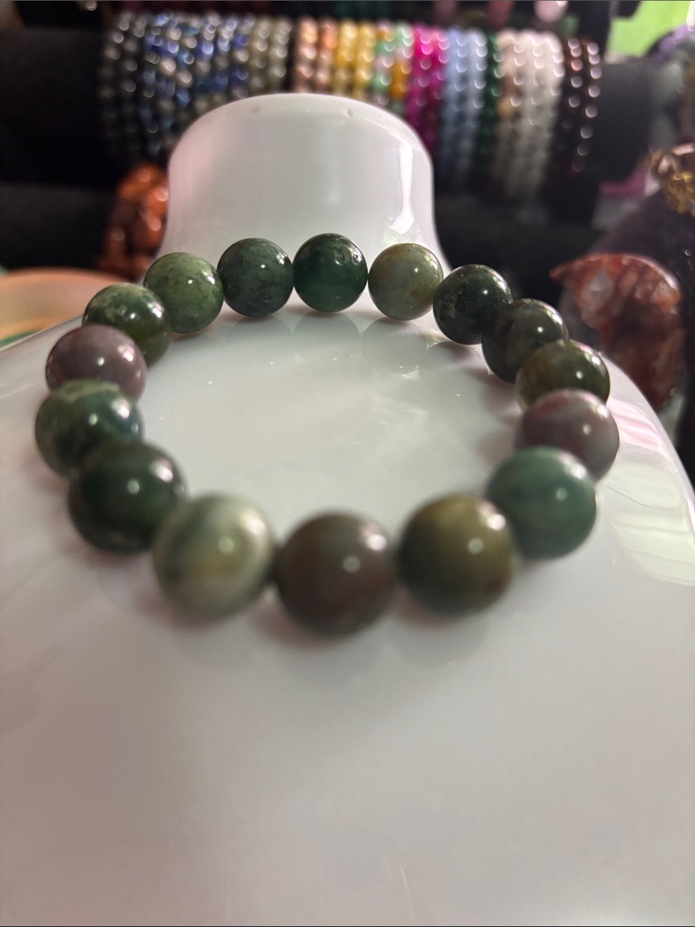 Green Natural Stone Bead Bracelet - Moss Agate 12mm